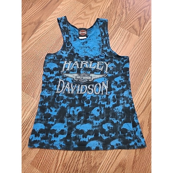 Harley Davidson Tops - 2013 Y2K Harley Davidson Women's Small Skull‎ Print Blue Studded Tank Top